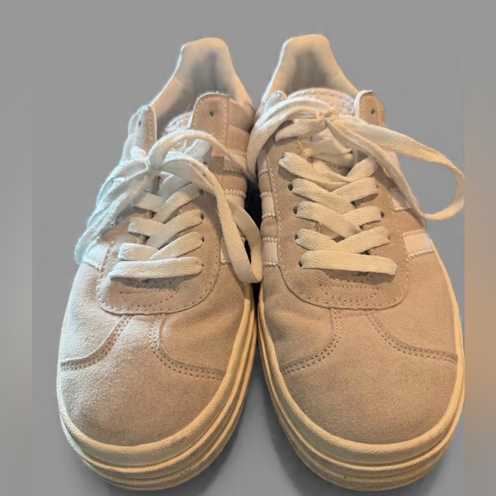 adidas Women's Beige Suede Low-Top Sneakers with White Stripes